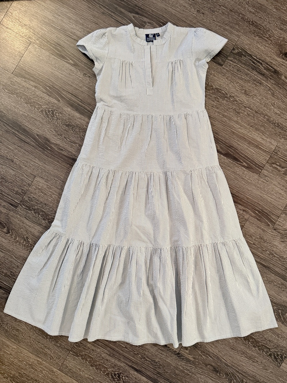 Madison Mathews Navy White Striped Short Sleeve Tiered Maxi Dress